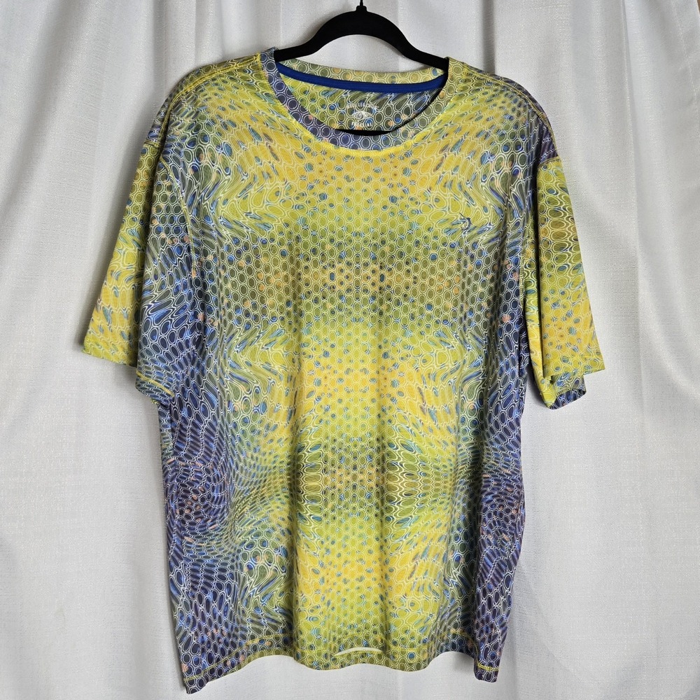 Reel Legends Freeline L Yellow Blue Abstract Athletic Performance Shirt‎